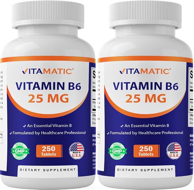 Vitamatic Vitamin B6 (Pyridoxine HCI), 25 mg 250 Vegetarian Tablets- 2 Pack