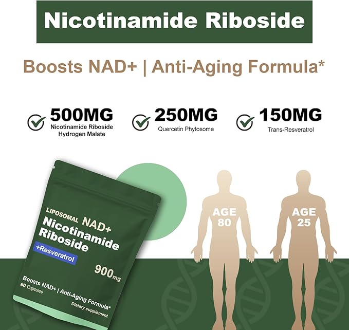 NAD Resveratrol Supplement with NAD Nicotinamide Riboside Resveratrol 900 MG, Boost NAD+ for Cellular Health, Anti-Aging, Energy, Focus - 80 Capsules(2Pcs)