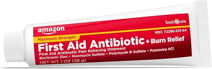 Amazon Basic Care First Aid Antibiotic Burn Relief, Maximum Strength Triple Antibiotic Ointment, 1 Ounce (Pack of 6)