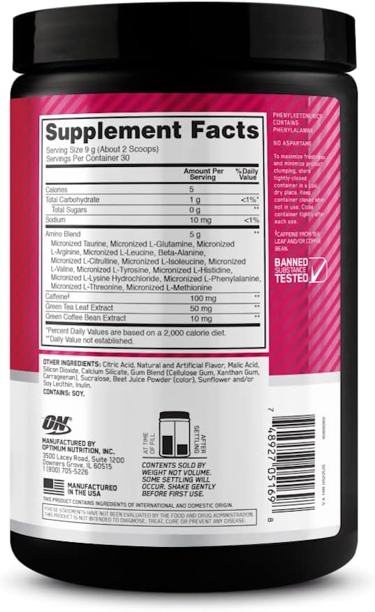 Optimum Nutrition Amino Energy - Pre Workout with Green Tea, BCAA, Amino Acids, Keto Friendly, Green Coffee Extract, Energy Powder - Strawberry Lime, 9.5 Ounce, 30 Servings (Packaging May Vary)
