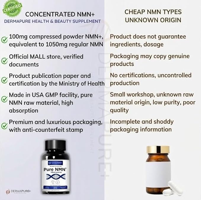 DermaPure+ NMN+ Supplement 4-in-1 – Support Youthful Skin, Longevity Anti-Aging, Reduces Fine Lines & Wrinkles, Supports NAD+ Levels, GMP Certified & FDA Registered – 60 Capsules (2 Packs)