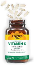 Country Life Vitamin C 1000mg with Rose Hips – Time Release Immune Support Supplement – Antioxidant Protection – Vegan, Gluten-Free, Preservative-Free – 90 Tablets