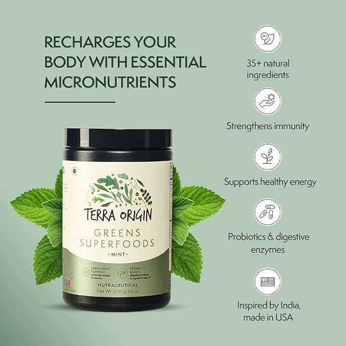 TERRA ORIGIN Healthy Superfood Greens Powder Drink with Probiotics & Ashwagandha | Adaptogen & Digestive Enzyme Fruit and Veggie Blend | for Gut Health, Energy, Immune Support* | 30 Servings | Mint