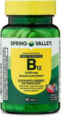 Spring Valley Vitamin B12 Fast Dissolve Tablets, 5000 mcg, Mixed Berry Flavor, Supports Metabolism, 45 Count