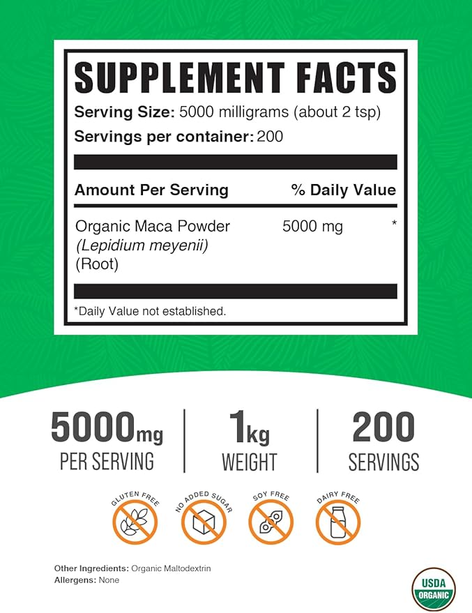 BulkSupplements.com Organic Maca Powder - Organic Maca Root Powder, Superfood Supplement - Gluten Free, 5g per Serving, 1kg (2.2 lbs) (Pack of 1)