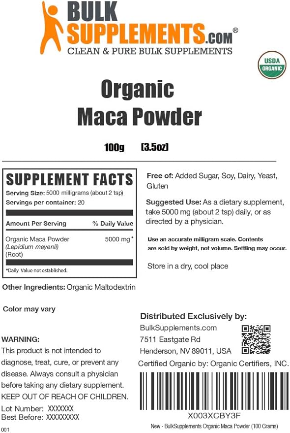 BulkSupplements.com Organic Maca Powder - Organic Maca Root Powder, Superfood Supplement - Gluten Free, 5g per Serving, 100g (3.5 oz) (Pack of 1)