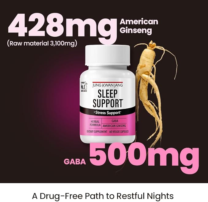 JUNG KWAN JANG Sleep Support GABA Complex 500mg with American Ginseng - Sleep Aid Supplement for Meditation Support, Better Sleep, and Increased Energy, 60 Capsules for Men and Women