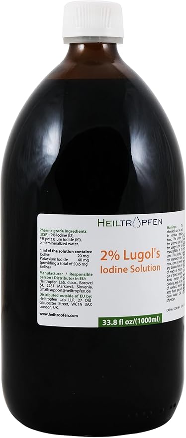 2% Lugols Iodine Solution | 33.8 Fl Oz - 1000 ml | Third-Party Tested | Pharma Grade Ingredients | Made with 2 Percent Iodine and 4% Potassium Iodide | Glass Bottle | Lugol's Solution | Heiltropfen®