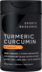 Sports Research® Turmeric Curcumin C3 Complex® w/BioPerine Black Pepper Extract & Organic Coconut Oil - Standardized 95% Curcuminoids · Non-GMO · Gluten Free - 60 Count Softgels