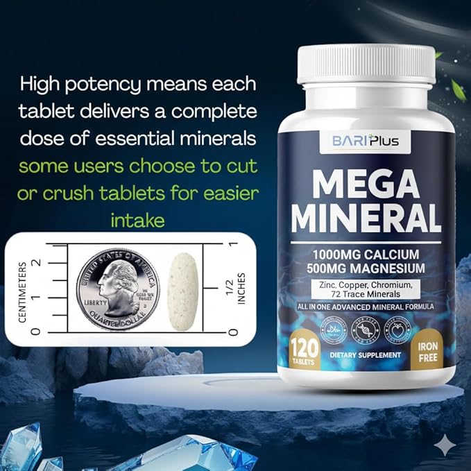 Mega Mineral – Complete Complex with Vitamin D, Calcium, Magnesium, Zinc, Potassium, Boron, Selenium, Chromium & Trace Minerals – Iron-Free – USA Made -Halal (120 Tablets)