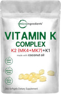 Super Vitamin K Complex (K2 MK7 + MK4 & K1), 360 Coconut Oil Softgles | Easily Absorbed K Vitamins, Active Menaquinone Complex | Non-GMO