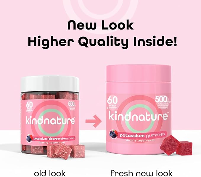 KINDNATURE High Potassium Gummies 500mg for Leg Cramps & Electrolyte Support - Chewable Pure Potassium Bicarbonate Supplement - Adults & Kids - Vegan, Non GMO - 60 Gummies (30 Day Supply)