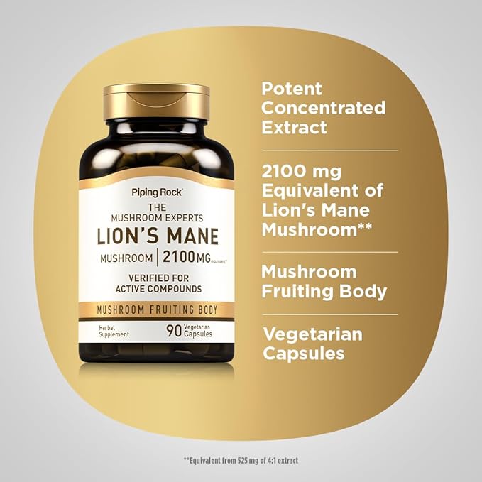 Piping Rock Lions Mane Supplement Capsules | 90 Count | with Black Pepper | Mushroom Fruiting Body Extract | Hericium Erinaceus | Vegetarian, Non-GMO, Gluten Free