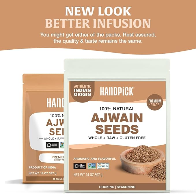 HANDPICK Ajwain Seeds (397g/14oz) Whole Carom Seeds | Vegan, Gluten free, Non GMO | Raw Carom Bishops, Indian Origin | Packed in Resealable Ziplock Pouch