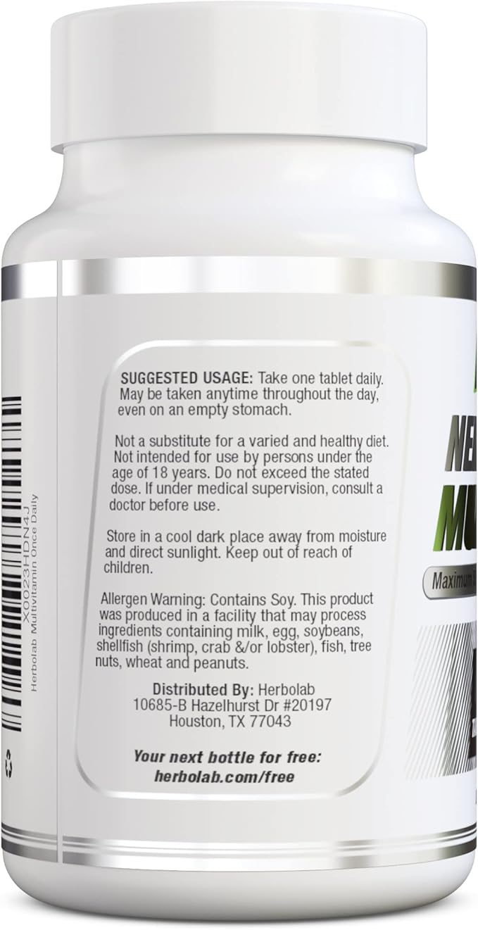 herbolab Multivitamin Once Daily, Max Strength Vitamins A, C, D, E, K, B1, B2, B6, B12, Niacin, Calcium, Magnesium, Zinc, Selenium, Copper, Manganese, Chromium with Lycopene, 60 Count 2 Mo Supply