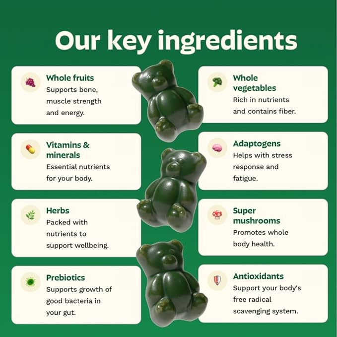 Gruns Adult Super Greens Multivitamin Gummies, Superfood Gummy Vitamins for Women and Men with Spirulina, Chlorella, Adaptogens & Prebiotic Fiber for Digestive Health (28 Count) (Pack of 2)