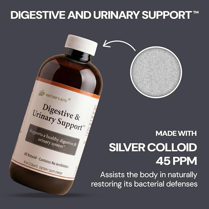 Nature's Rite Colloidal Silver Liquid, Digestive & Urinary Support, 45 ppm Silver Hydrosol for Immune Support (8 oz)