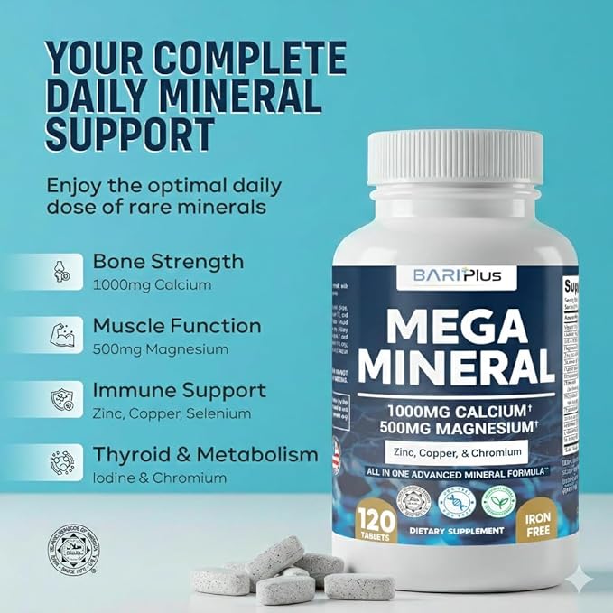 Mega Mineral – Complete Complex with Vitamin D, Calcium, Magnesium, Zinc, Potassium, Boron, Selenium, Chromium & Trace Minerals – Iron-Free – USA Made -Halal (120 Tablets)