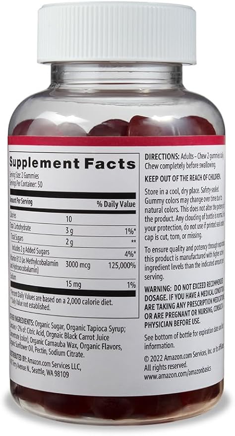 Amazon Basics Vitamin B12 3000 mcg, Normal Energy Production and Metabolism, Immune System Support, 100 Gummies (2 per serving), Pack of 2, Raspberry (Previously Solimo)
