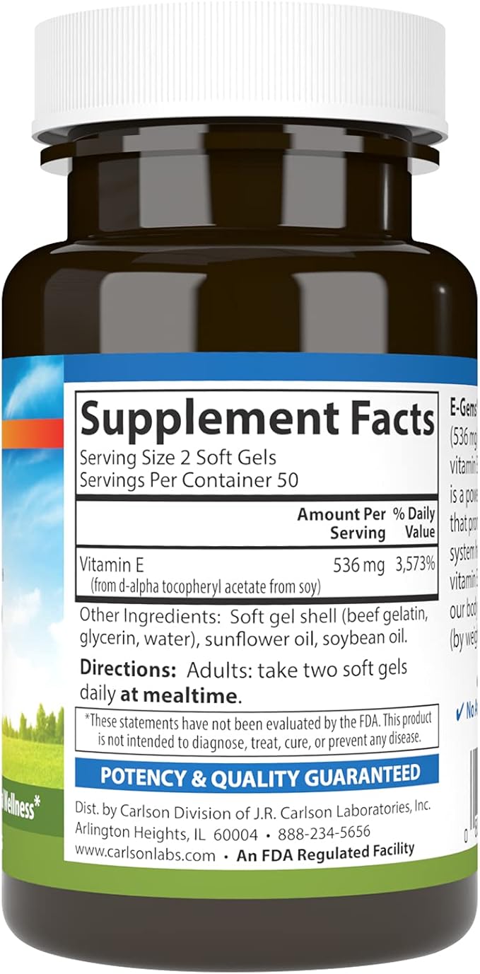 Carlson - E-Gems 800 IU (536 mg), Natural-Source Vitamin E, Optimal Wellness, 50 Soft Gels