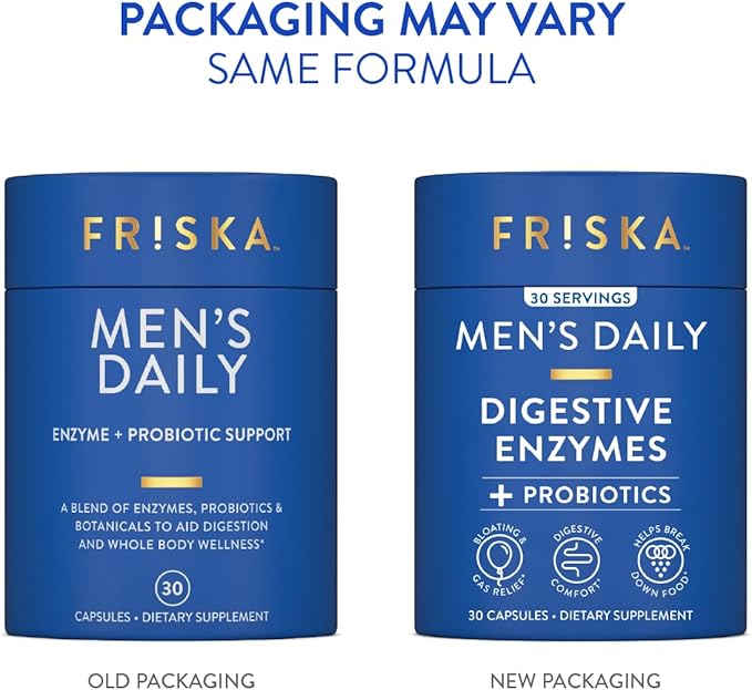 Friska Men’s Daily Gut Support - Digestive Enzymes, Probiotics to Help Break Down Foods, Supports Energy & Nutrient Absorption with Vitamins B6 & B12, 30 Capsules, Packaging May Vary
