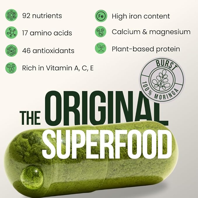 Burst 100% Organic Moringa Capsules – Supports Energy, Immunity, & Vitality | Pure Moringa Oleifera Supplement | Rich in Vitamins, Protein, & Antioxidants | Vegan, Non-GMO - 120 Capsules