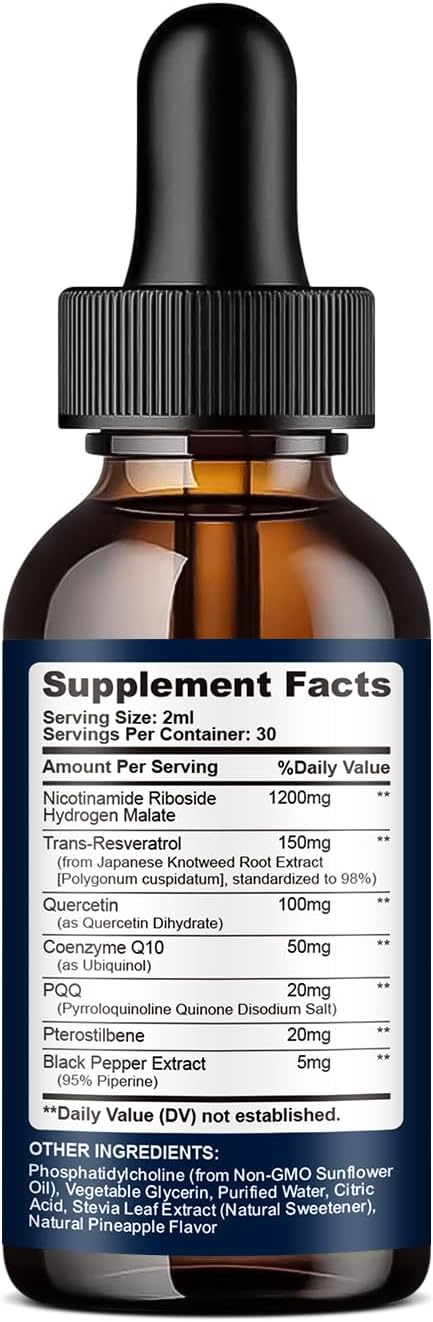 Liposomal NAD Supplement - 1200mg NAD+ Liquid Drops for Women & Men, Nicotinamide Riboside with Resveratrol, PQQ, CoQ10, Quercetin for Anti-Aging, Brain & Cellular Mitochondrial, Pineapple 2 Fl Oz