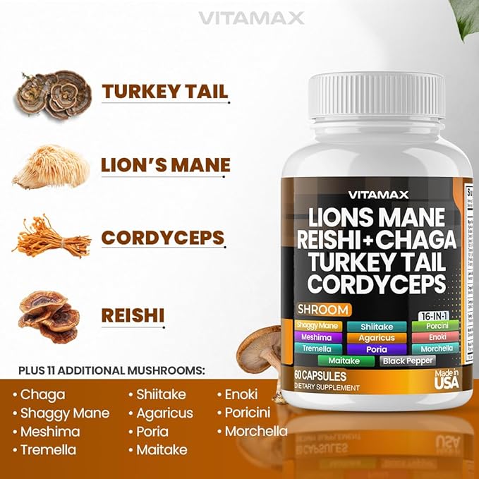 Vitamax Lions Mane Mushroom, Turkey Tail, Chaga & Reishi, Cordyceps Shiitake White Elm King Trumpet Nameko Oyster Porcini Focus & Energy - Made in USA