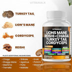 Vitamax Lions Mane Mushroom, Turkey Tail, Chaga & Reishi, Cordyceps Shiitake White Elm King Trumpet Nameko Oyster Porcini Focus & Energy - Made in USA