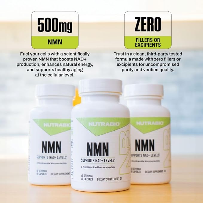 NutraBio NMN - NAD Supplement, Longevity Support, Boost NAD Levels, Increase Cellular Energy, Brain Health, Healthy Aging- 60 Servings- 60 Capsules
