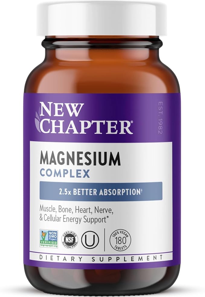 New Chapter Magnesium Complex Supplement, 325mg with Magnesium Glycinate + Sea-Sourced + Fermented Forms for Heart, Bone, Nerve, Muscle & Cellular Energy, 100% Vegan, 180 Tablets