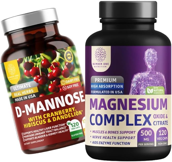 Number One Nutrition N1N Premium Magnesium Complex [500mg] High Absorption and D-Mannose [1350mg with Cranberry & Hibiscus], Non-GMO and Gluten-Free, 2 Pack Bundle