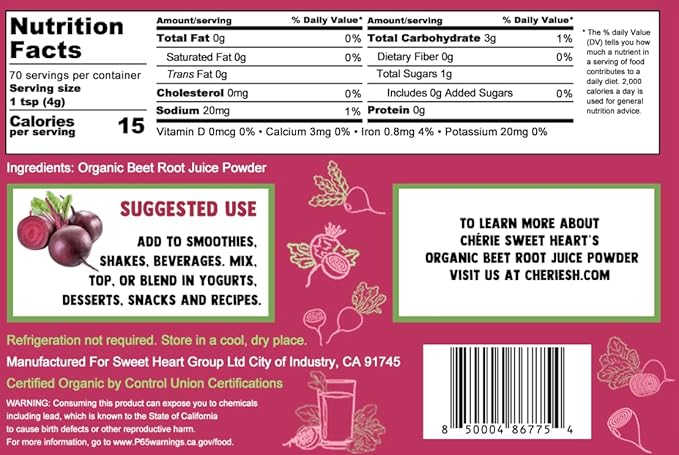 Cherie Sweet Heart USDA Organic Beet Root Juice Powder, Natural Nitrates for Energy, Flavor for Beverage and Smoothie, Water Soluble, No GMO, Vegan Friendly, 283g (10 Ounces)