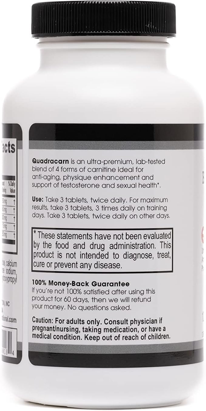 Beverly International Quadracarn 4X-Potency, Lab Tested Ultra-Premium Carnitine Blend for Fat Loss, Muscle Definition, Metabolism, Mood, Energy Boost, Anti-Aging, Brain Function. 120 Tablets.