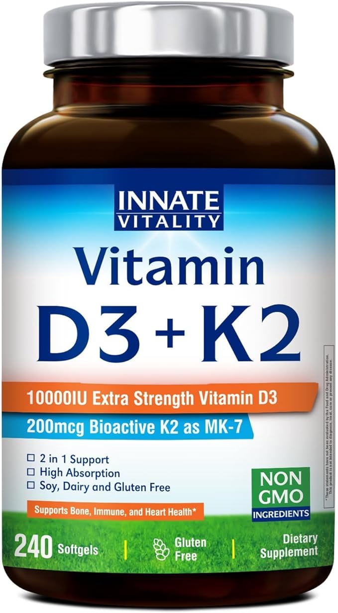 Innate Vitality Vitamin D3 K2 Supplement, High Potency Vitamin D3 10000 IU & Vitamin K2 (MK-7) 200 mcg, Supports Bone, Teeth, Heart & Immune Health, Non-GMO, Gluten Free, 240 Softgels