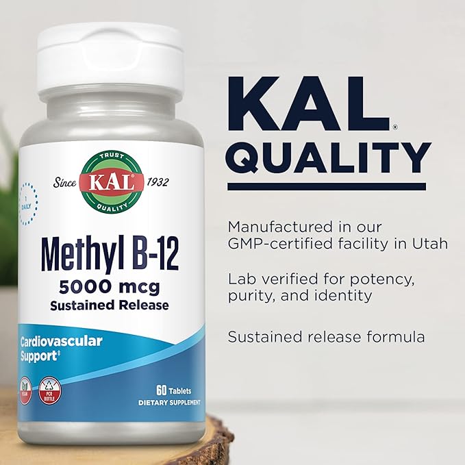 KAL Vitamin B12 Methylcobalamin 5000mcg, Healthy Energy, Metabolism, Nerve & Red Blood Cell Support,* Fast Dissolve ActivMelts, Optimal Absorption, Natural Raspberry Flavor, 90 Servings, 90 Micro Tabs