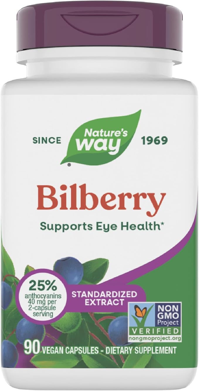 Nature's Way Bilberry Premium Extract, Supports Eye Health*, Eye Health Supplement for Adults with Black Elderberry*, Bilberry Supplement, Gluten Free, Vegan, 90 Capsules (Packaging May Vary)