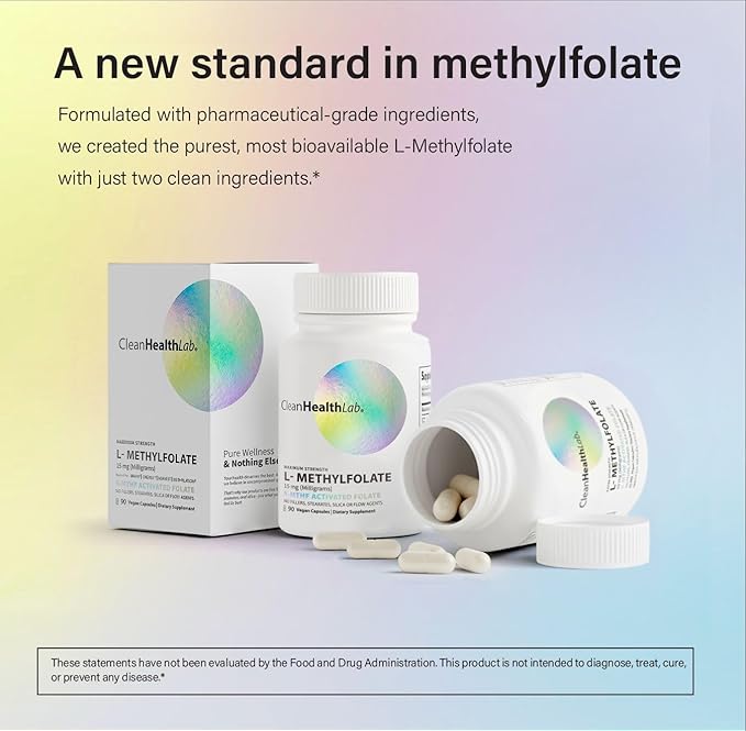CleanHealthLab L-Methylfolate 15mg, 5-MTHF Active Folate - Maximum Potency Methylated Vitamin B9 Supplement - Support for Brain Health, Energy, Nerves, and Methylation with No Fillers (90 Count)