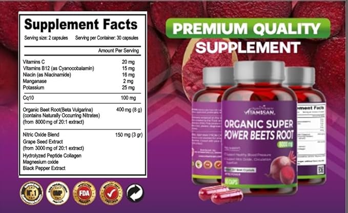 VITAMISAN Organic Super Powder Beets Root 8000 – Nitric Oxide Support with 20:1 Beet Extract, Grape Seed, Collagen & Magnesium – Non-GMO, Gluten Free Beetroot Powder Capsules
