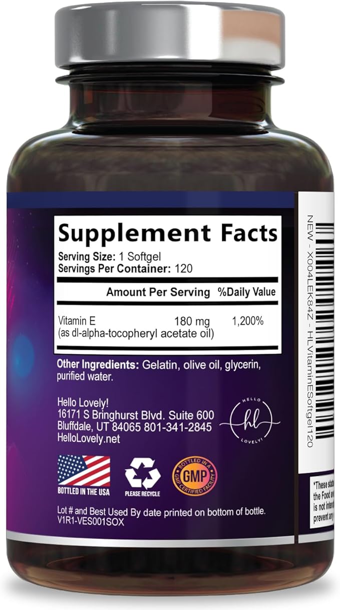 Vitamin E - 180 mg per Serving - Powerful Hair & Skin Support Supplement - dl-Alpha VitaminE Immune Health Support with Antioxidants - Easily Absorbed GMO & Gluten Free, Bottled in USA - 120 Softgels
