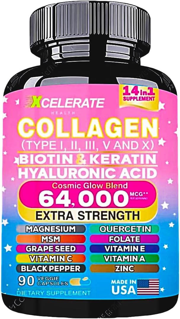 14 In 1 Collagen Supplement - Peptides Types l II III V X Biotin Keratin Hyaluronic Acid Folate Zinc Quercetin Apple Cider Vinegar Magnesium Grape Seed Hair Skin Nail Health Support (Label May Vary)