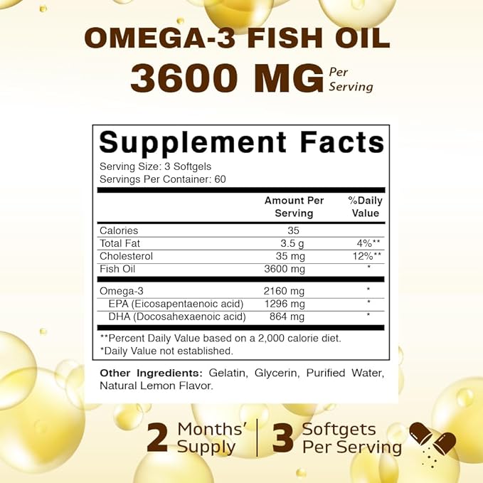 Vitamatic Triple Strength Omega 3 Fish Oil 3600mg Per Serving, 2160mg Omega 3 Fatty Acids, 1296mg EPA + 864mg DHA, Burpless Lemon Flavor, 180 Softgels (Pack of 2)