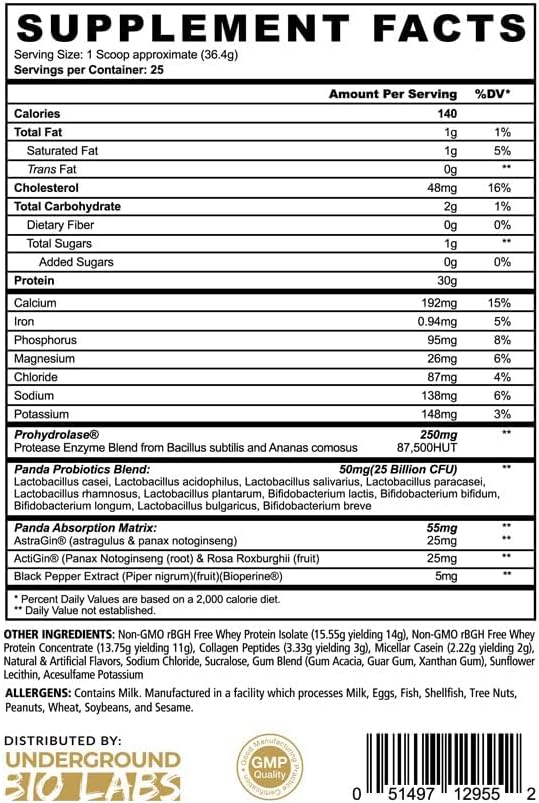 Underground Bio Labs Panda Fuel Premium Protein Whey,Hydrolyzed Collagen,Casein,Probiotics, Enzymes, Keto Friendly,Time Release, 25 Servings (2.5 Pound, Cookies & Cream)