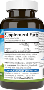 Carlson - Chelated Manganese, 20 mg - Superior Absorption, Healthy Metabolism, Bone Support & Brain Health, 250 Tablets