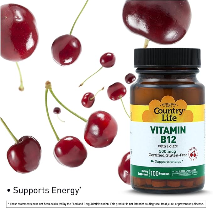 Country Life Vitamin B12 with Folate, Supports Energy & Red Blood Cell Production, 500mcg, 100 Lozenges, Certified Gluten Free, Vegan, Halal, Non-GMO Verified