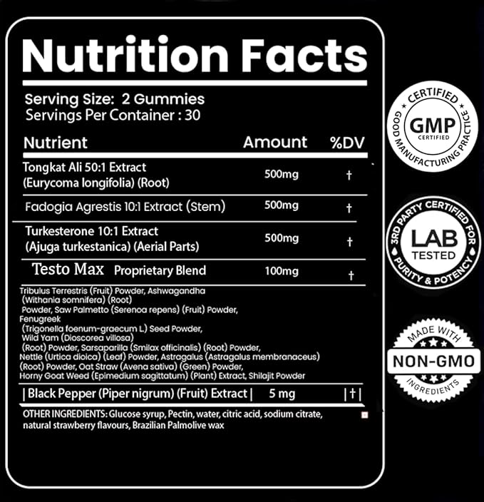 Testosterone Booster Supplement for Men Gummies [Fast-Max Absorption],10x Strength Masculinity Boost, Turkesterone, Tongkat Ali, Horny Goat Weed, Maca Root, Tribulus,Testo Gummies 60Ct