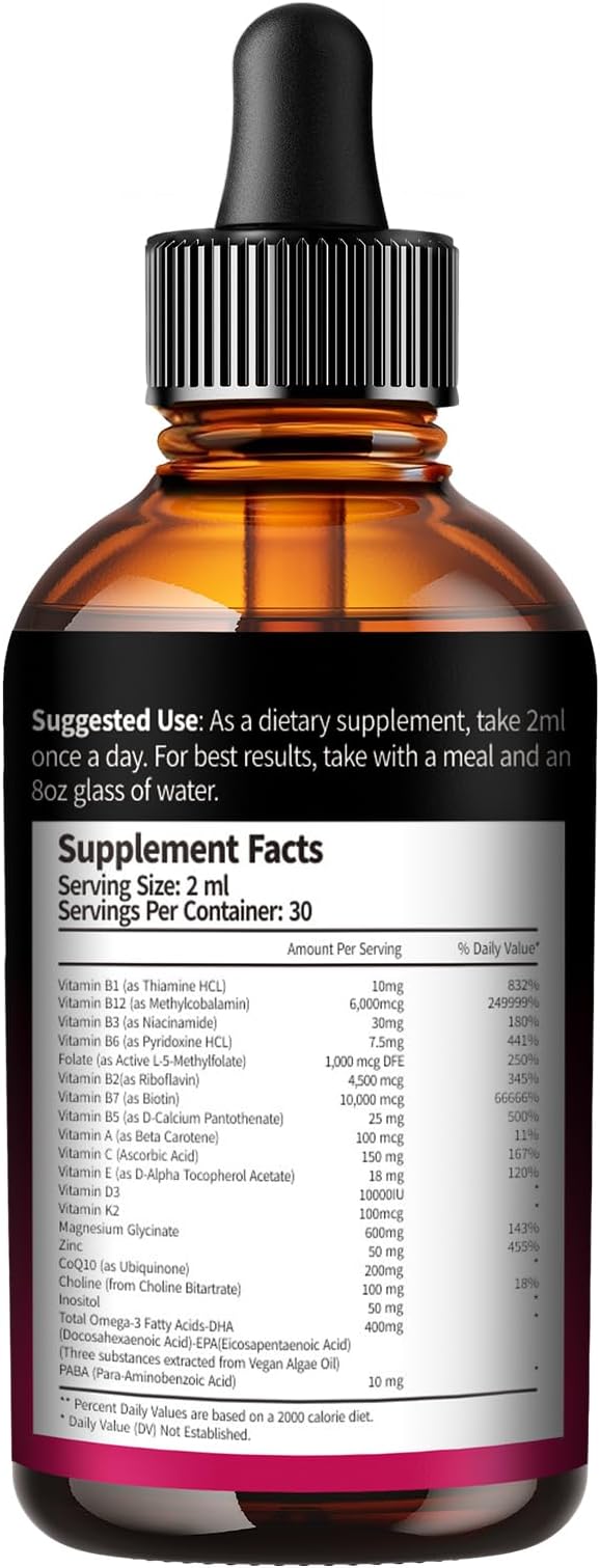 VivoNu Vitamin B Complex Liquid Drops, Methylated Vitamin B12 6000 mcg, B1, B6, B3, B5, B2, Folate, Biotin with Vitamin C D A E, Magnesium, Zinc, CoQ10 for Energy (4 Bottle)