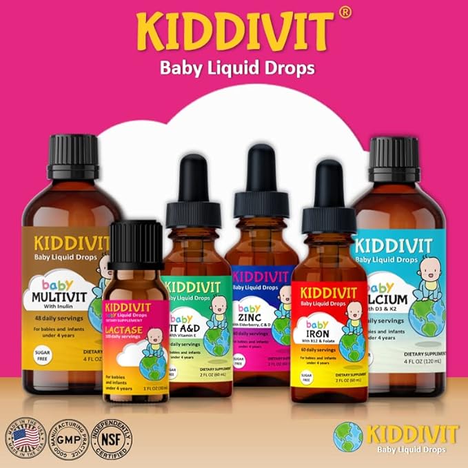 Kiddivit Baby Vitamin A&D Liquid Drops with Vitamin E – Gentle Immune & Vision Support Supplement – 60 Daily Servings, Dropper Included, Glass Bottle – Sugar Free, Gluten Free, Vegetarian, 2oz