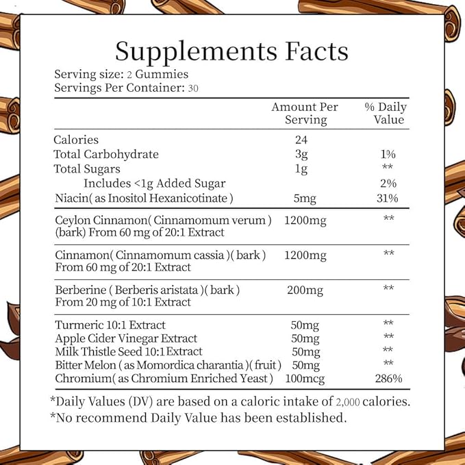 Cinnamon Supplements, Premium Ceylon Cinnamon Gummies 2400mg with Berberine, Turmeric, Apple Cider Vinegar, Bitter Melon, Chromium - Vegan, Non-GMO丨60 Counts