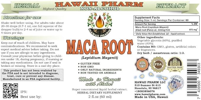 Hawaii Pharm Maca Root Alcohol-Free Liquid Extract, Professional Grade, Small Batch Maca (Lepidium Meyenii) Whole Dried Plant Glycerite, 2x2 oz